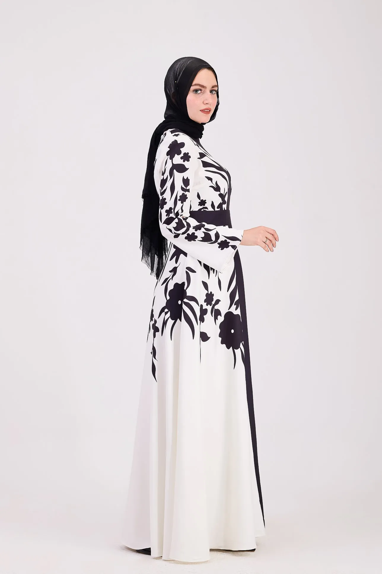 Tabarak Elegant Black and White Crepe Modesty Dress with Floral Accents