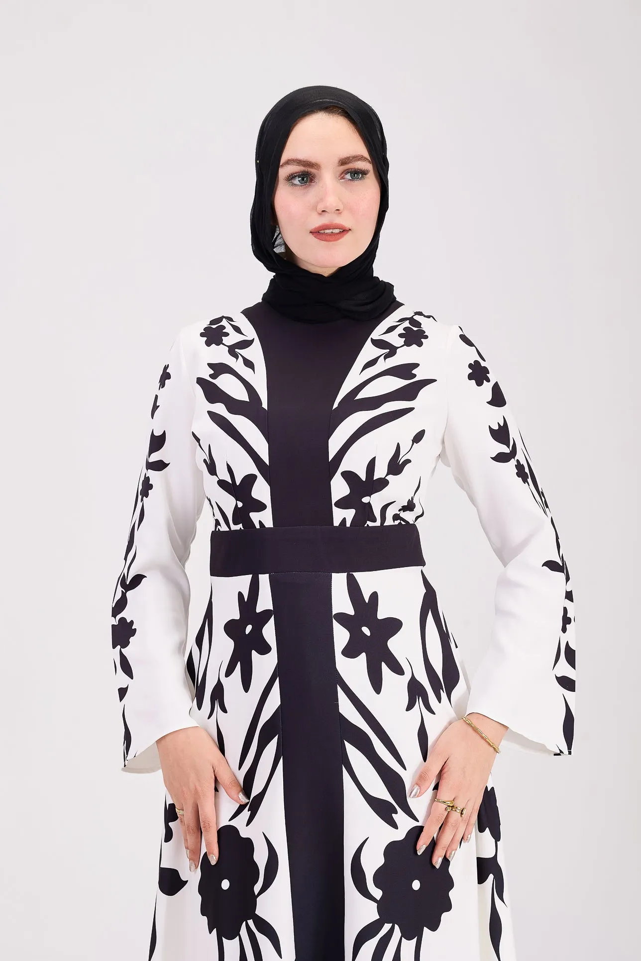 Tabarak Elegant Black and White Crepe Modesty Dress with Floral Accents