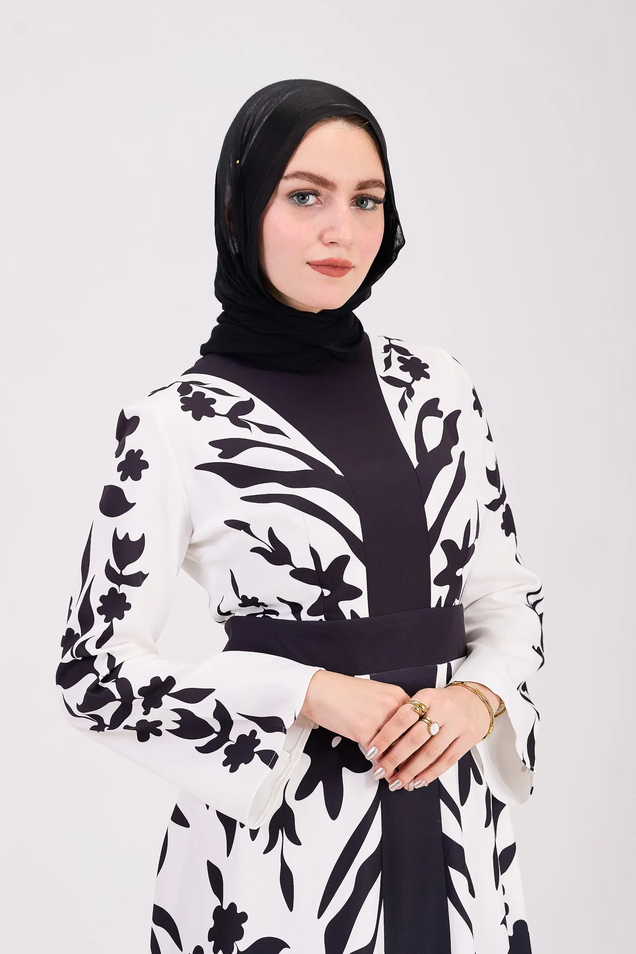 Tabarak Elegant Black and White Crepe Modesty Dress with Floral Accents