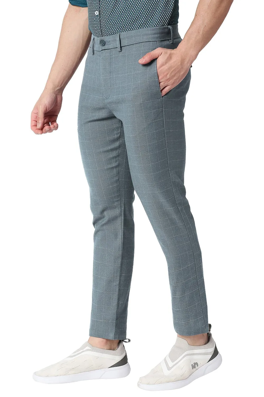 Tapered Fit Cotton Polyester Stretch Checks Trousers