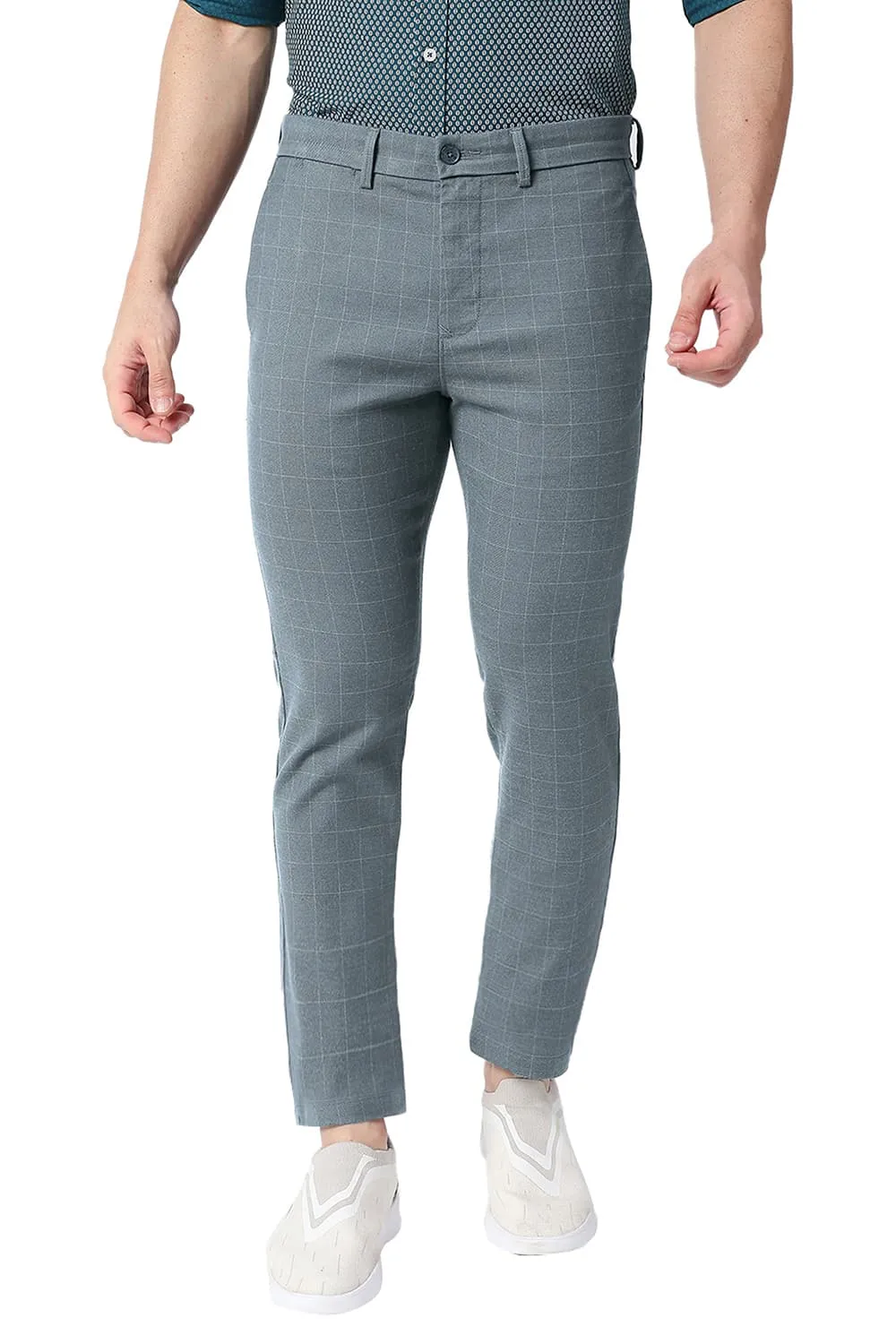 Tapered Fit Cotton Polyester Stretch Checks Trousers