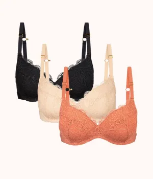 The Lace No-Wire Push-Up Trio: Terracotta/Jet Black/Toasted Almond