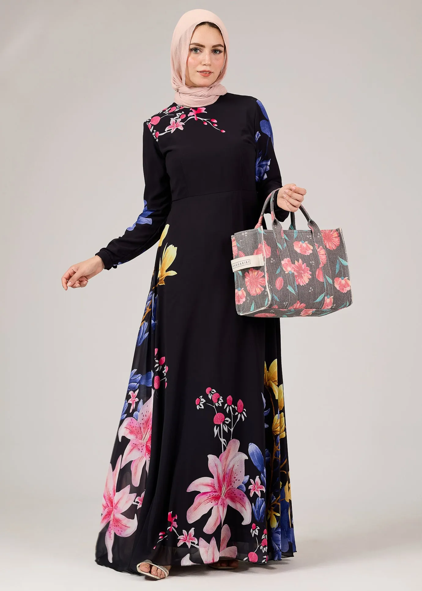 Ulfah Floral Elegance Chiffon Maxi Dress with Polymix Lining