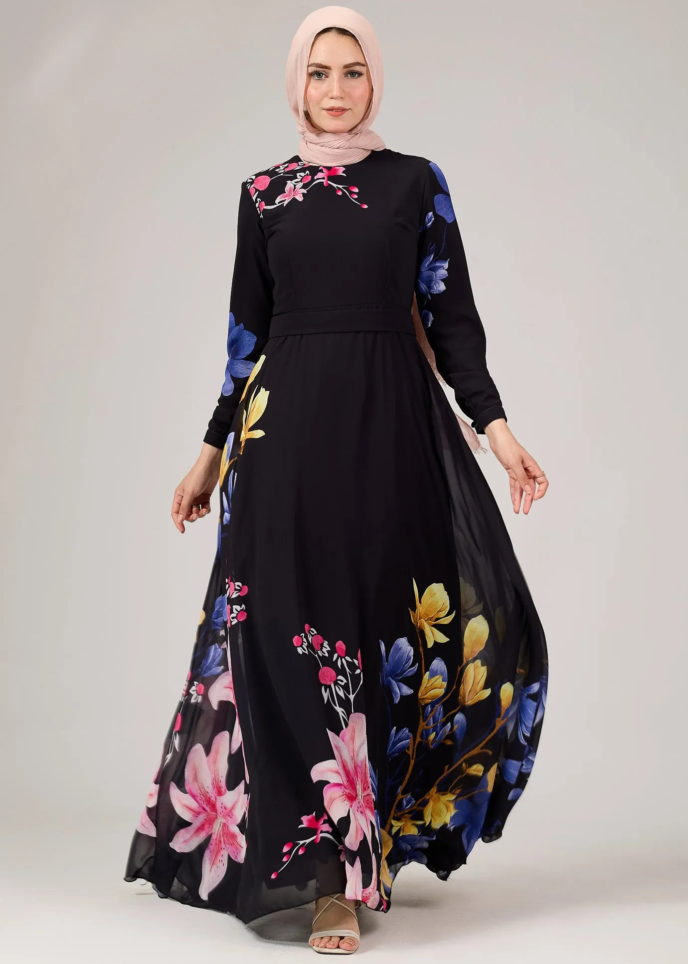 Ulfah Floral Elegance Chiffon Maxi Dress with Polymix Lining