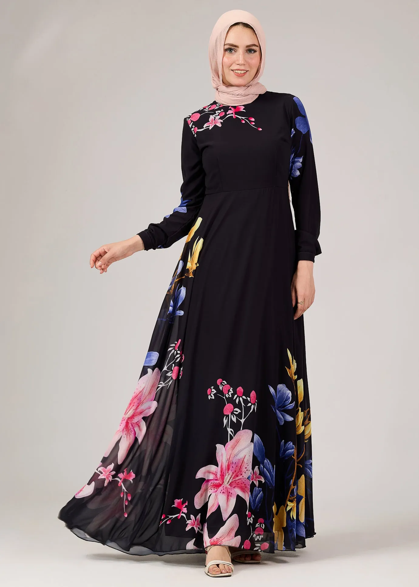 Ulfah Floral Elegance Chiffon Maxi Dress with Polymix Lining