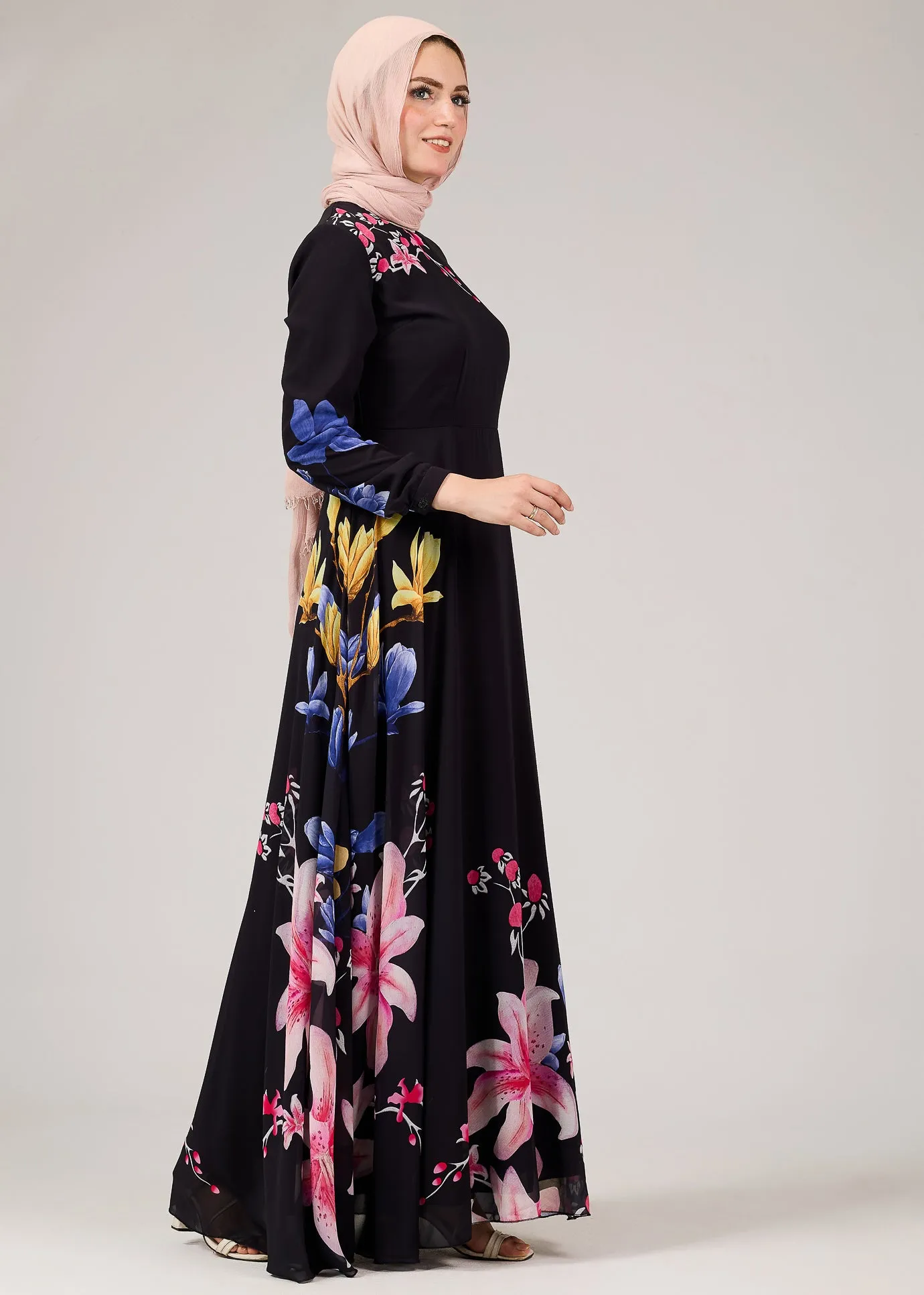 Ulfah Floral Elegance Chiffon Maxi Dress with Polymix Lining