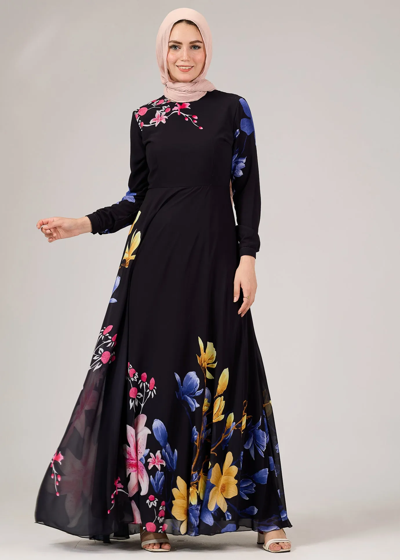 Ulfah Floral Elegance Chiffon Maxi Dress with Polymix Lining