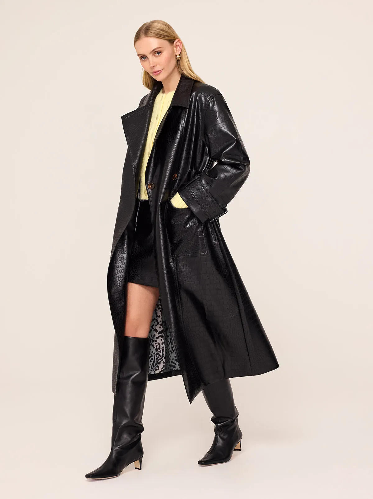 Valeria Black Faux Croc Oversized Trench Coat