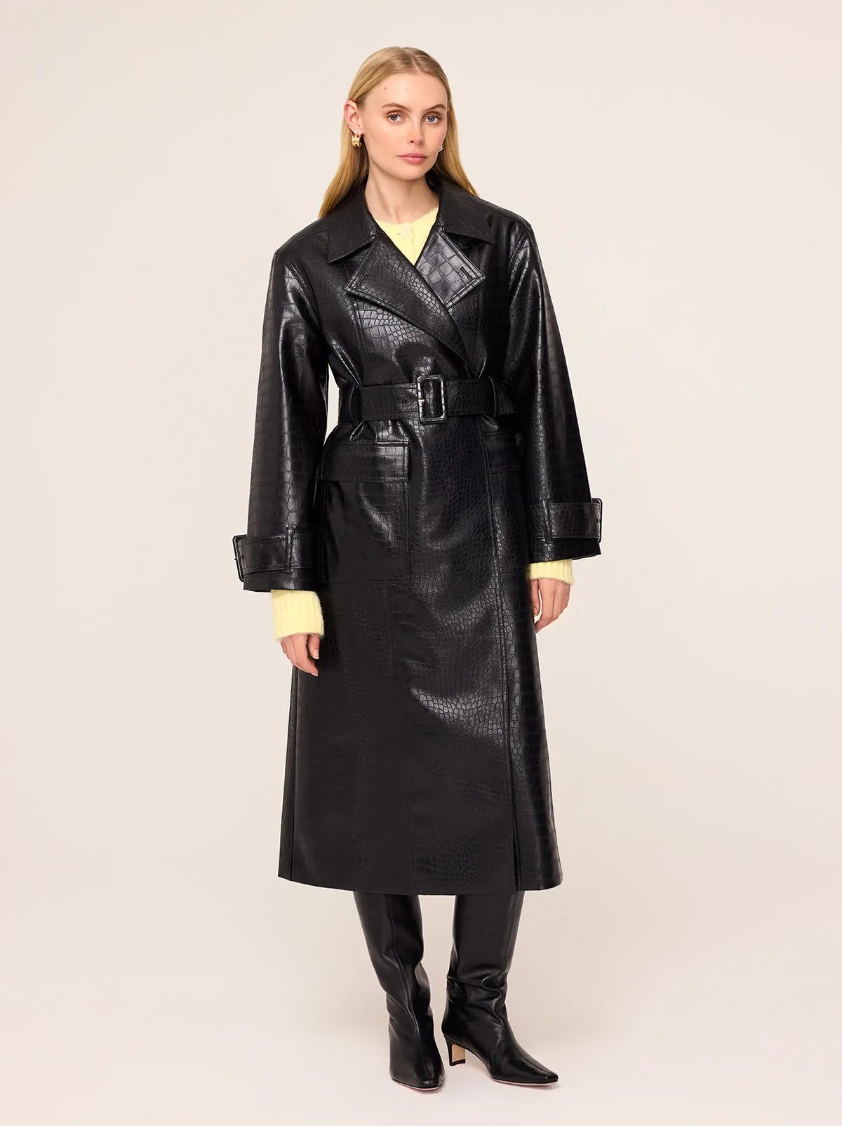 Valeria Black Faux Croc Oversized Trench Coat