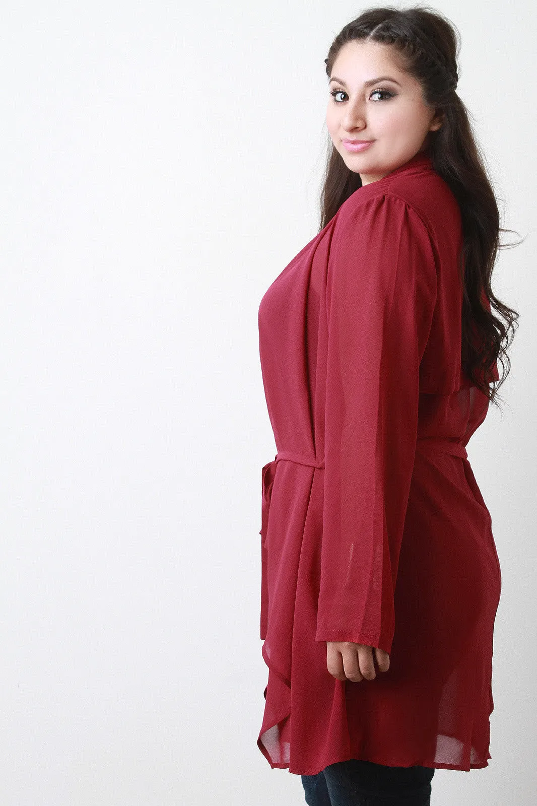 Waist-Tie Chiffon Open Front Long Sleeves Cardigan