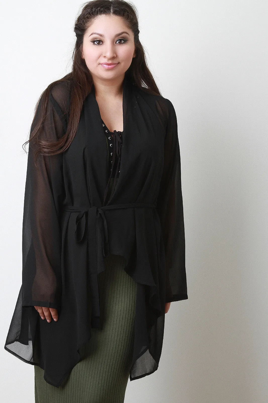 Waist-Tie Chiffon Open Front Long Sleeves Cardigan