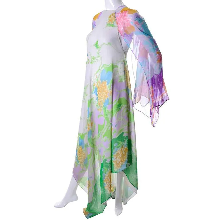 Whimsical 1970s Vintage Flowing Floral Chiffon Caftan S/M