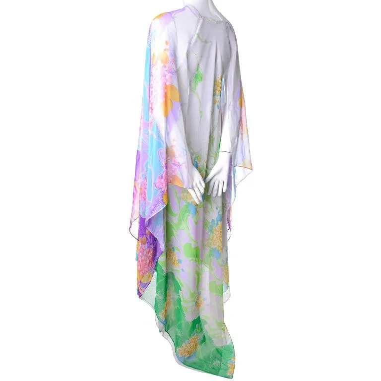 Whimsical 1970s Vintage Flowing Floral Chiffon Caftan S/M