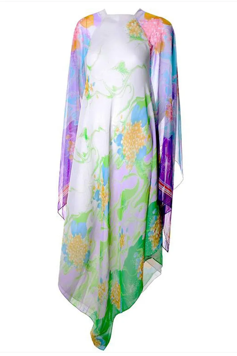 Whimsical 1970s Vintage Flowing Floral Chiffon Caftan S/M