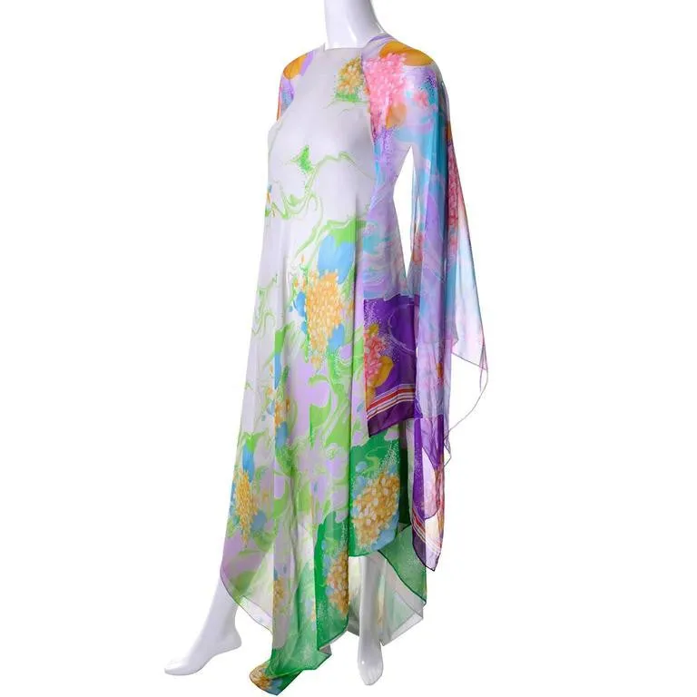 Whimsical 1970s Vintage Flowing Floral Chiffon Caftan S/M