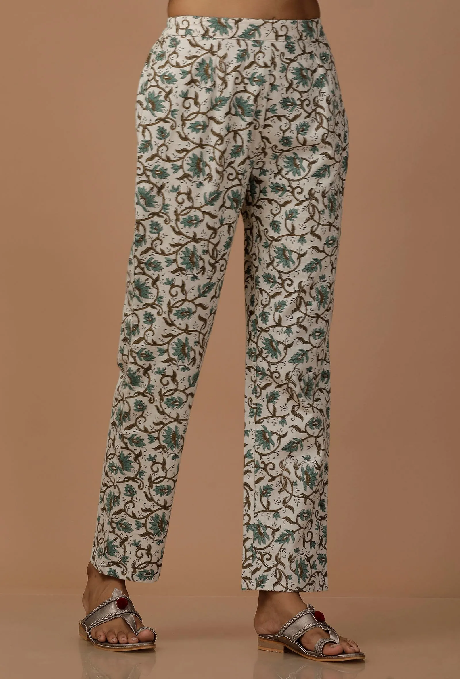 White and Blue Floral Cotton Flex Pants