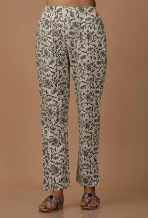 White and Blue Floral Cotton Flex Pants