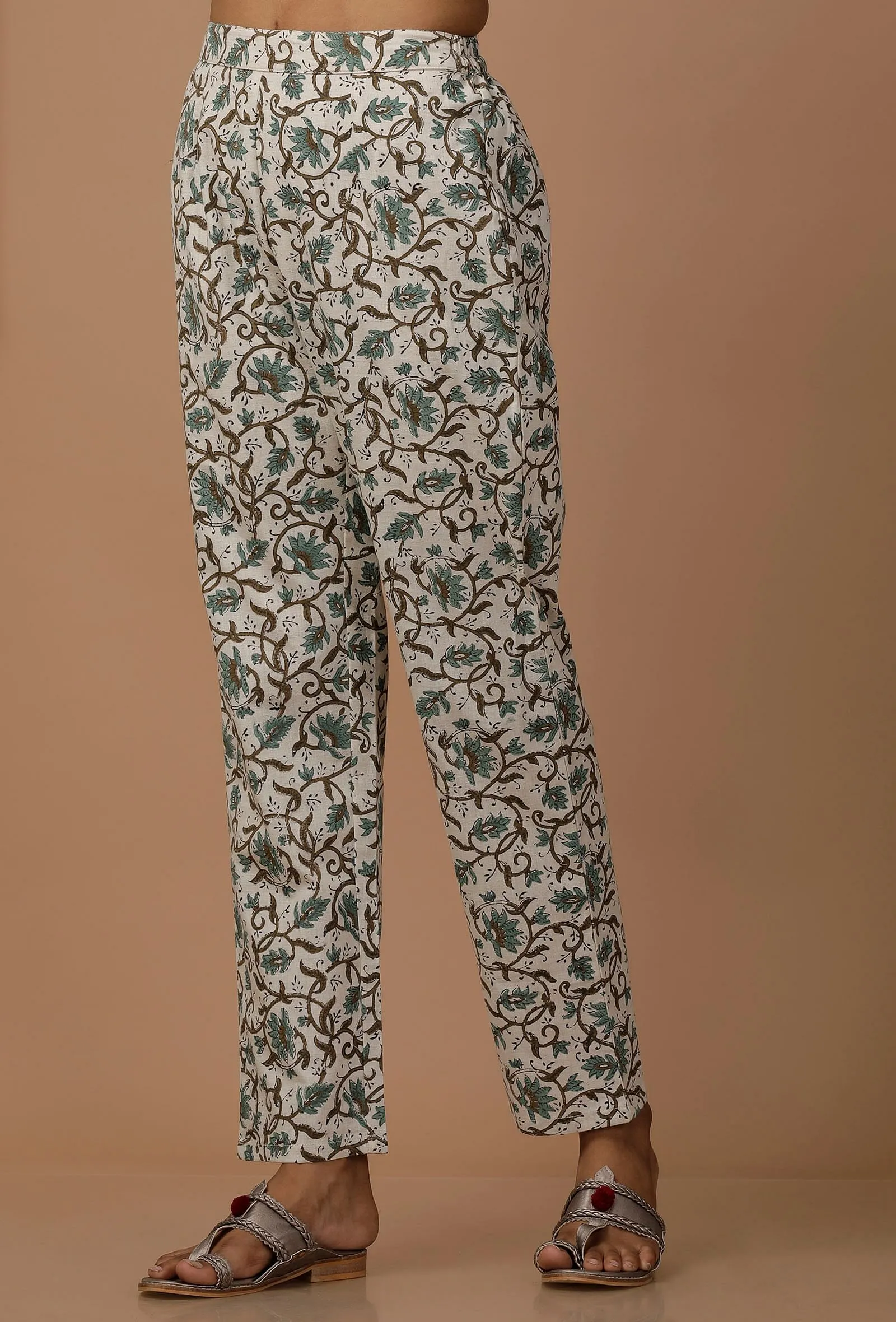 White and Blue Floral Cotton Flex Pants