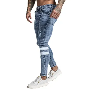 White Tape Details on Knee Pencil Style Men Stretch Jeans