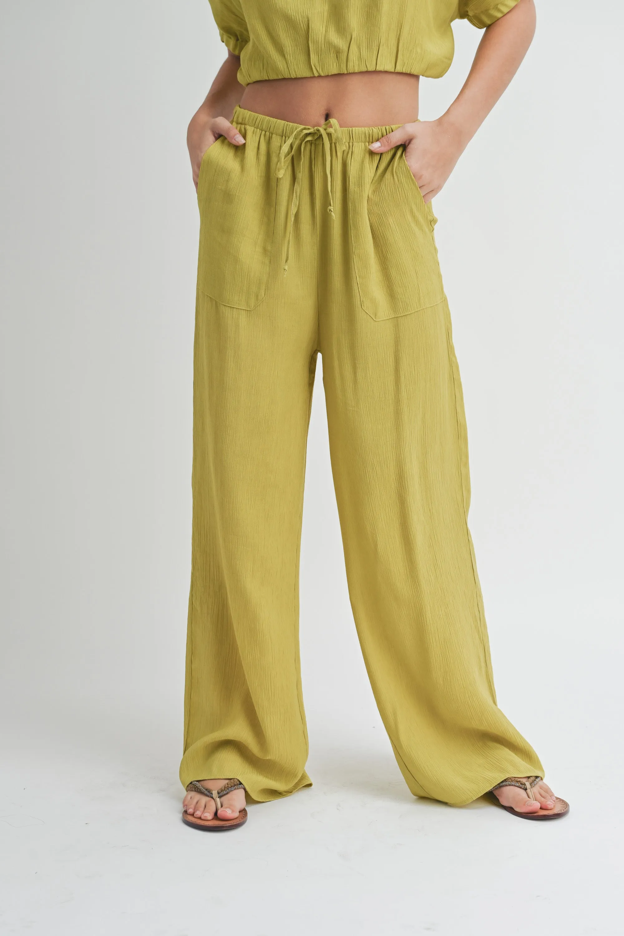 Willow Textured Loose Drawstring Pant in Lemongrass