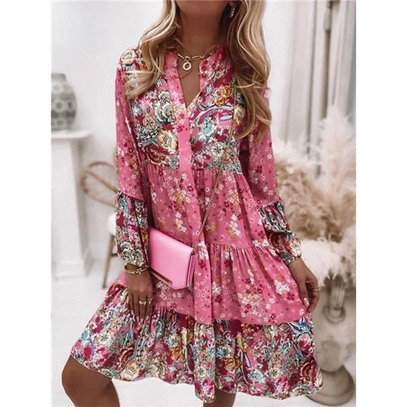 Women Floral Print Dress | Oversize Elegant Pleated Long Sleeve Casual Dress