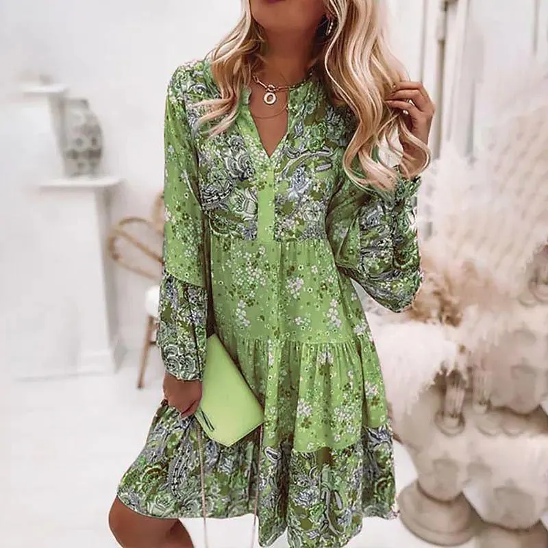 Women Floral Print Dress | Oversize Elegant Pleated Long Sleeve Casual Dress