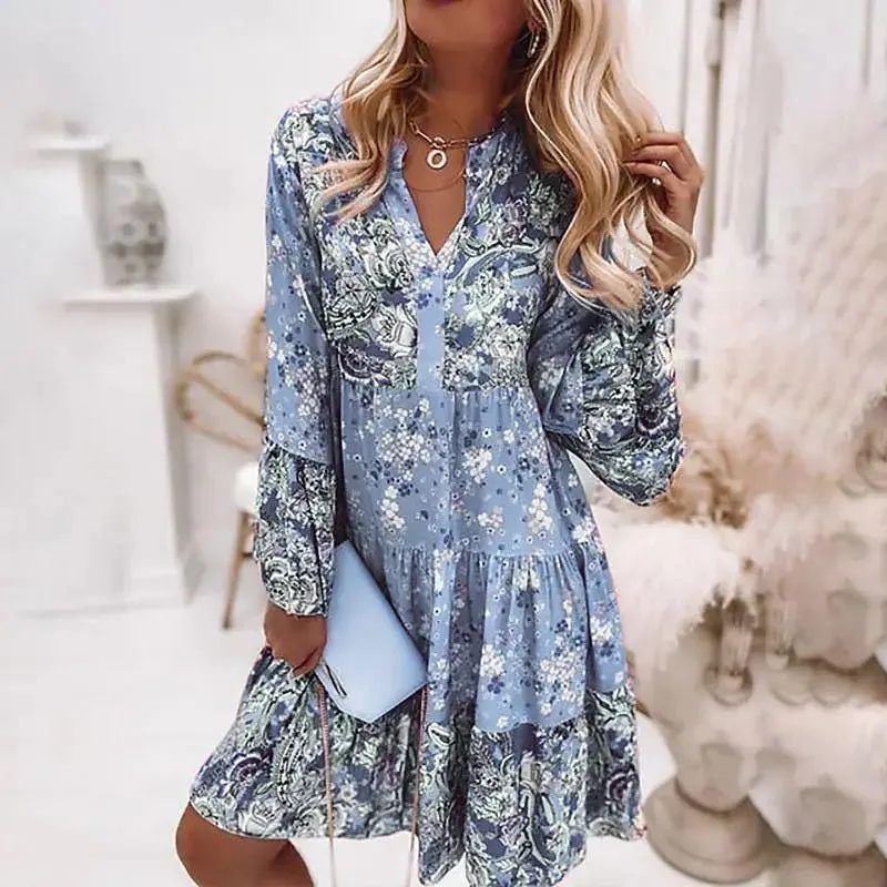 Women Floral Print Dress | Oversize Elegant Pleated Long Sleeve Casual Dress