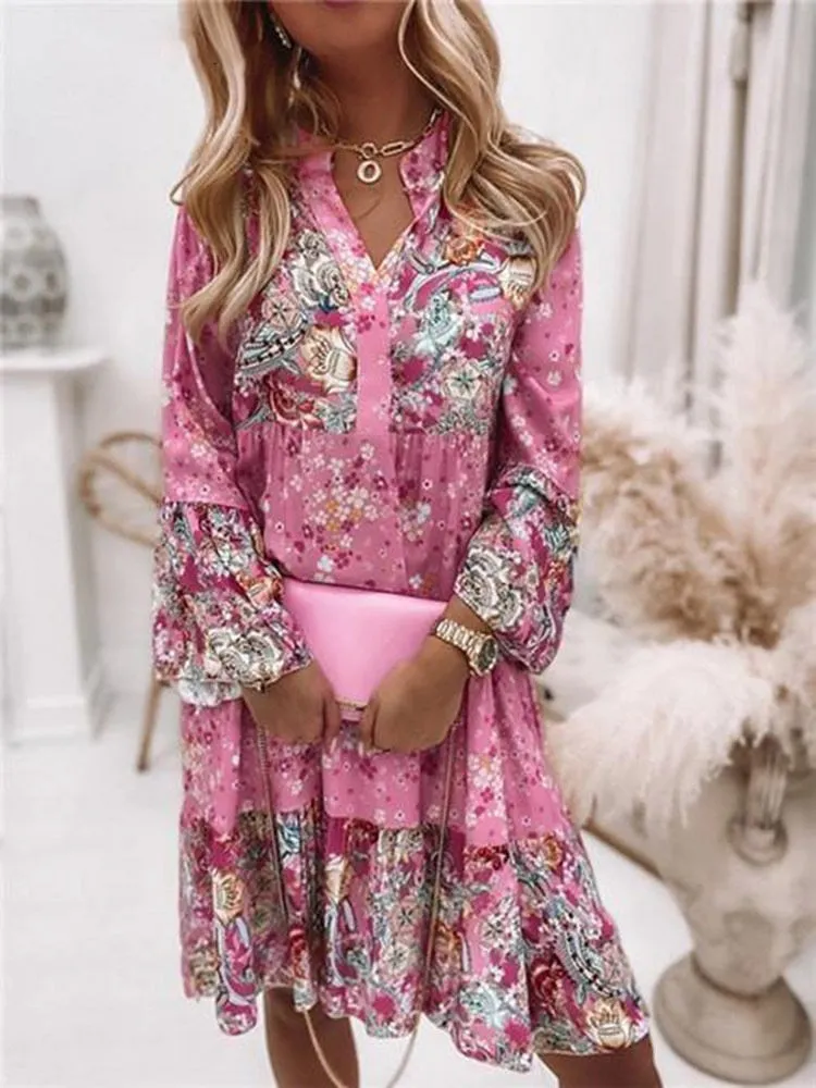 Women Floral Print Dress | Oversize Elegant Pleated Long Sleeve Casual Dress