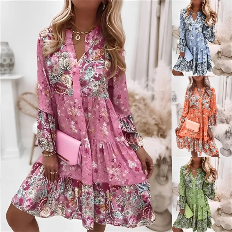 Women Floral Print Dress | Oversize Elegant Pleated Long Sleeve Casual Dress